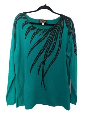 Bob Mackie Teal Long-Sleeve Graphic Sweater Top XL
